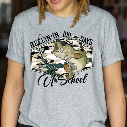 100 Days of School T Shirt Reelin Fishing Hunting 100 Days of School Shirt for Kids Boys Girls Women Men Classroom Celebration Tee