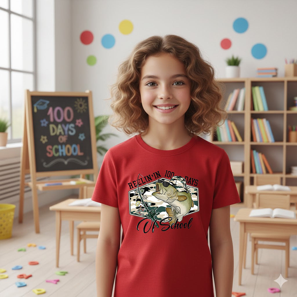 100 Days of School T Shirt Reelin Fishing Hunting 100 Days of School Shirt for Kids Boys Girls Women Men Classroom Celebration Tee