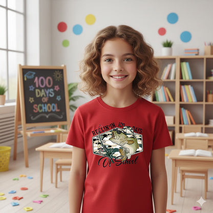 100 Days of School T Shirt Reelin Fishing Hunting 100 Days of School Shirt for Kids Boys Girls Women Men Classroom Celebration Tee