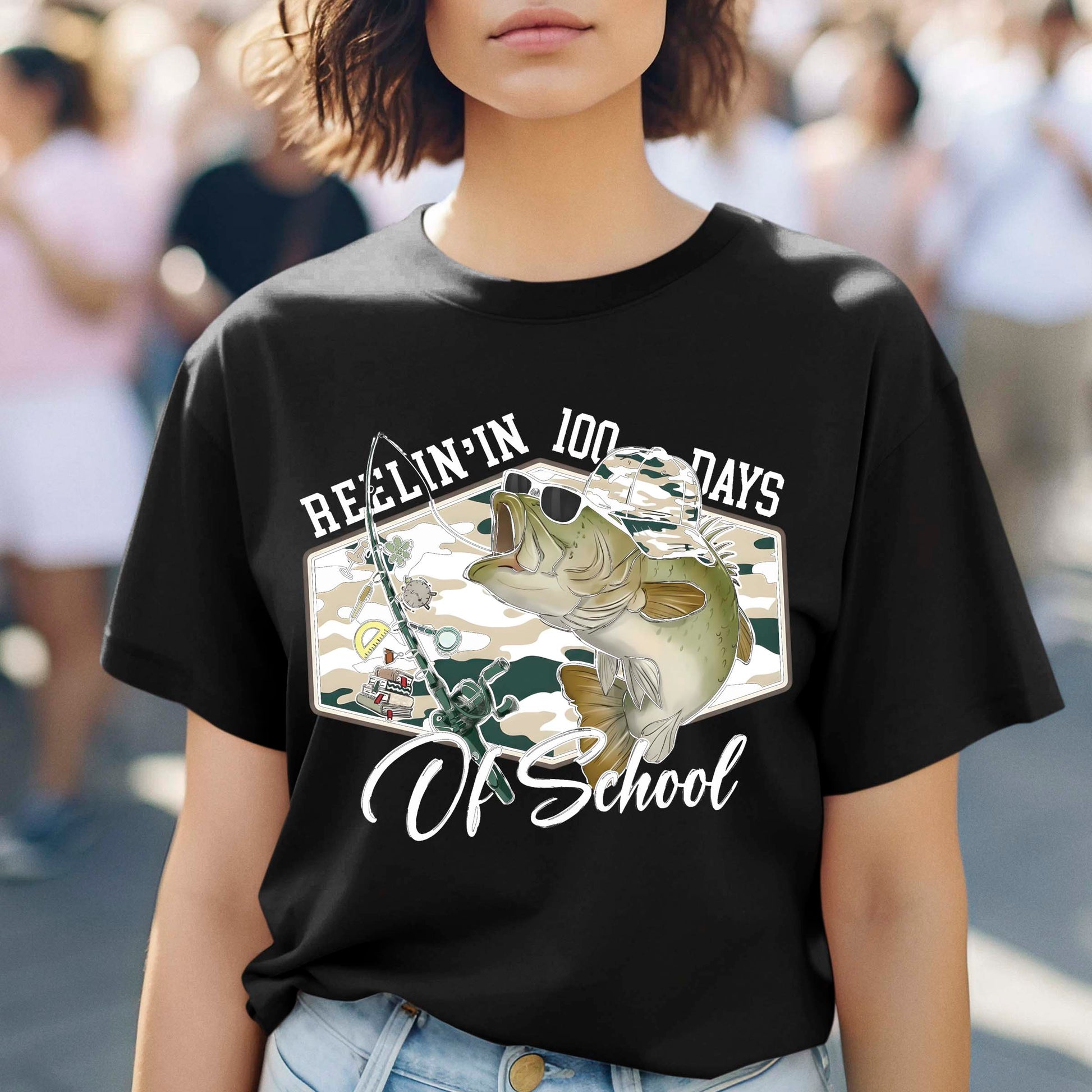 100 Days of School T Shirt Reelin Fishing Hunting 100 Days of School Shirt for Kids Boys Girls Women Men Classroom Celebration Tee