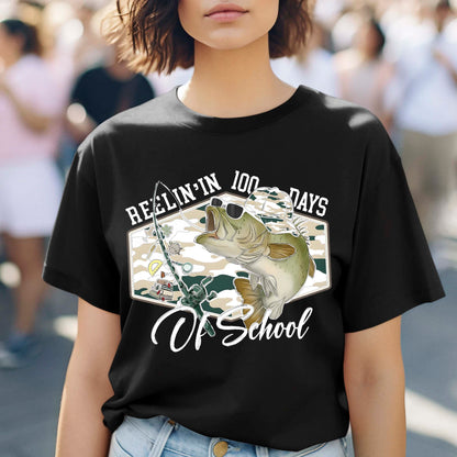 100 Days of School T Shirt Reelin Fishing Hunting 100 Days of School Shirt for Kids Boys Girls Women Men Classroom Celebration Tee