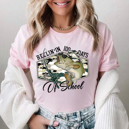 100 Days of School T Shirt Reelin Fishing Hunting 100 Days of School Shirt for Kids Boys Girls Women Men Classroom Celebration Tee