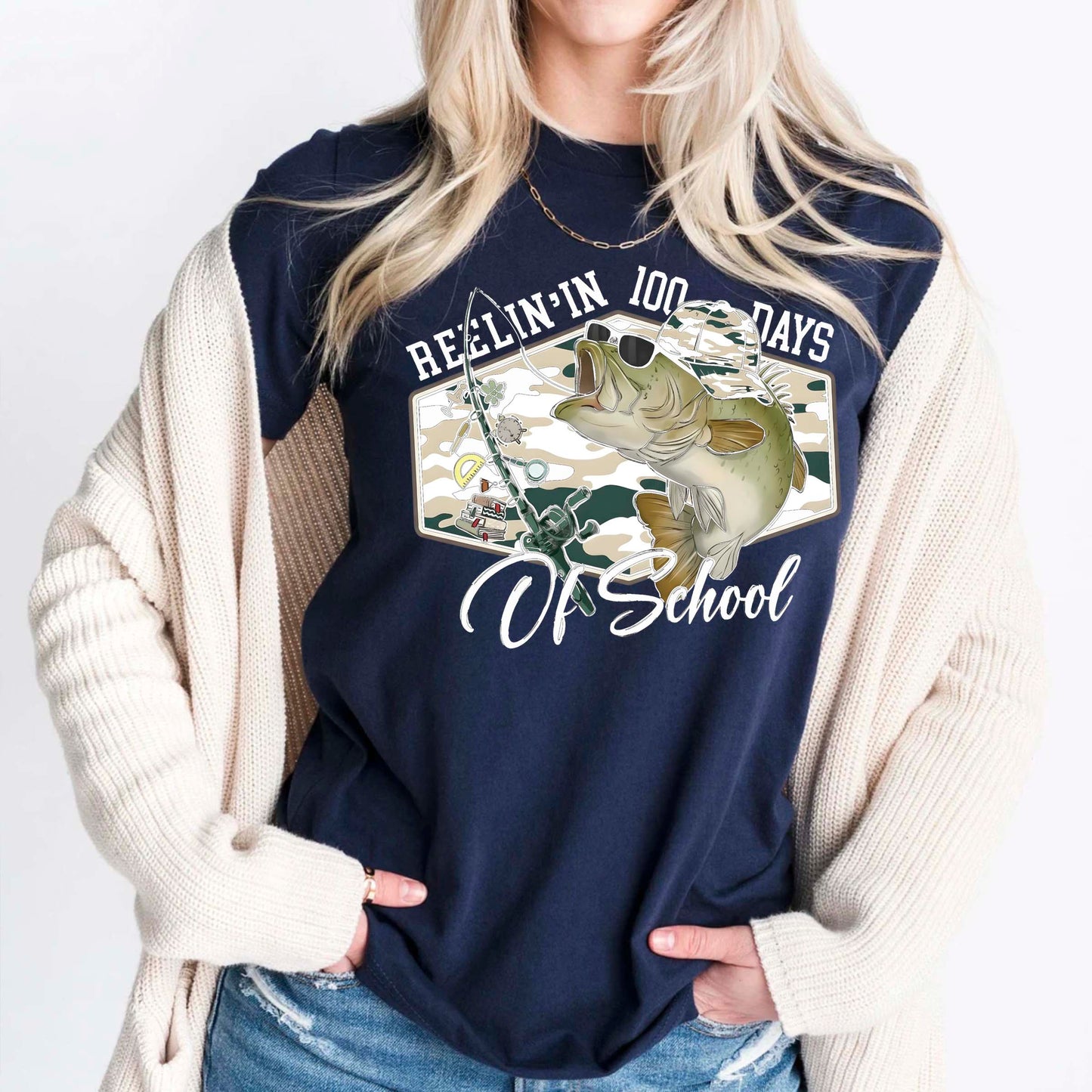 100 Days of School T Shirt Reelin Fishing Hunting 100 Days of School Shirt for Kids Boys Girls Women Men Classroom Celebration Tee