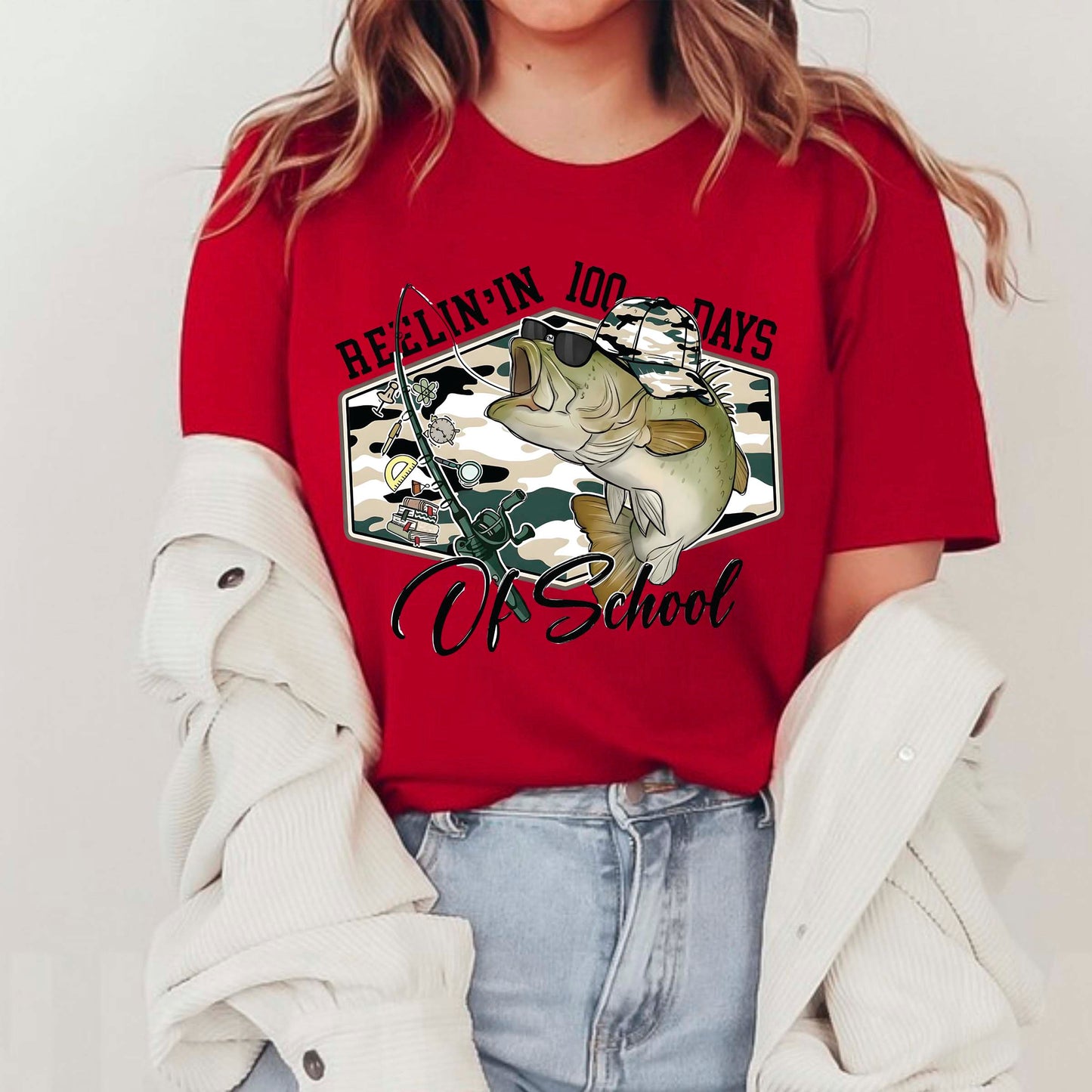 100 Days of School T Shirt Reelin Fishing Hunting 100 Days of School Shirt for Kids Boys Girls Women Men Classroom Celebration Tee