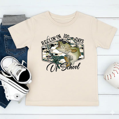 100 Days of School T Shirt Reelin Fishing Hunting 100 Days of School Shirt for Kids Boys Girls Women Men Classroom Celebration Tee