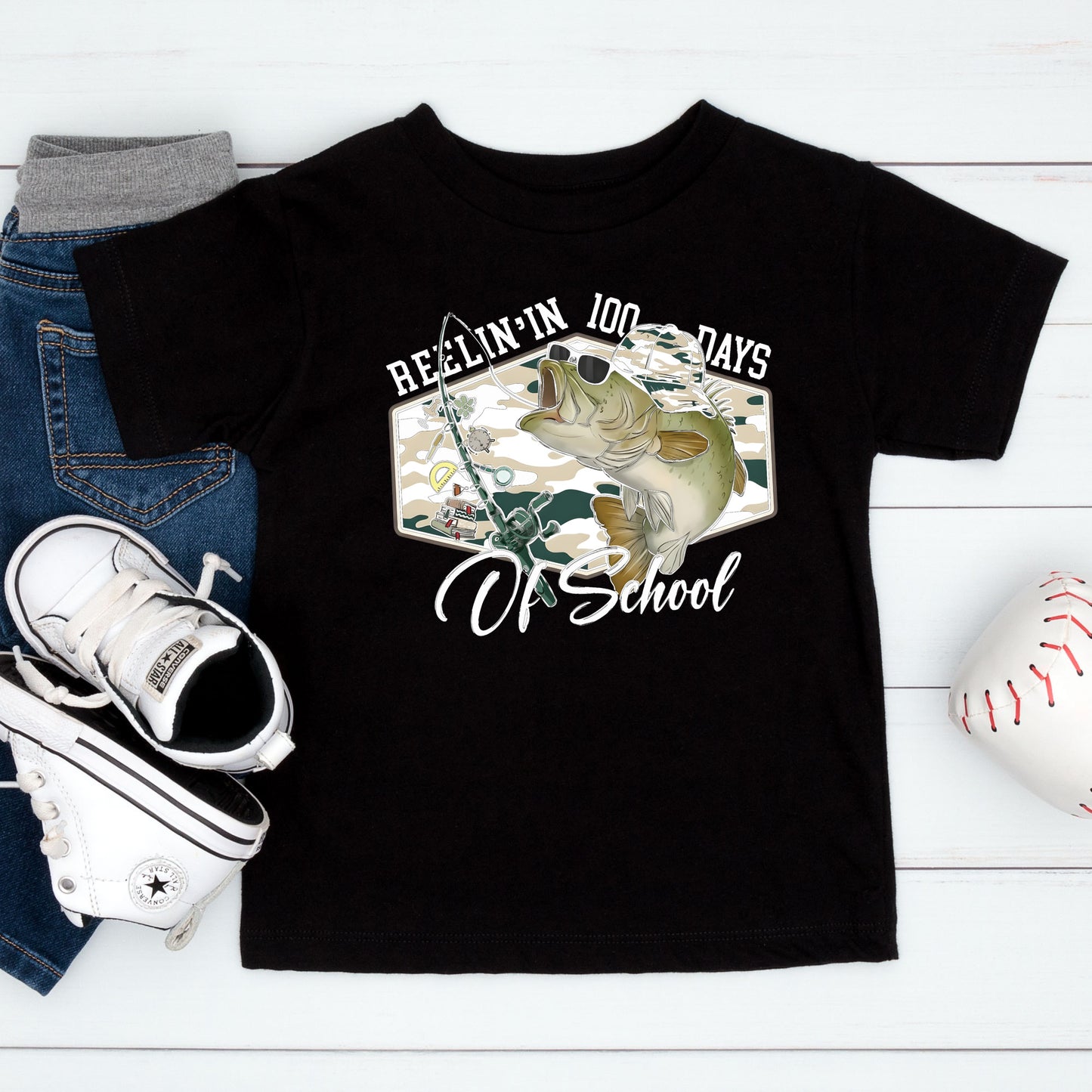 100 Days of School T Shirt Reelin Fishing Hunting 100 Days of School Shirt for Kids Boys Girls Women Men Classroom Celebration Tee