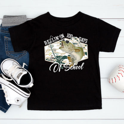 100 Days of School T Shirt Reelin Fishing Hunting 100 Days of School Shirt for Kids Boys Girls Women Men Classroom Celebration Tee
