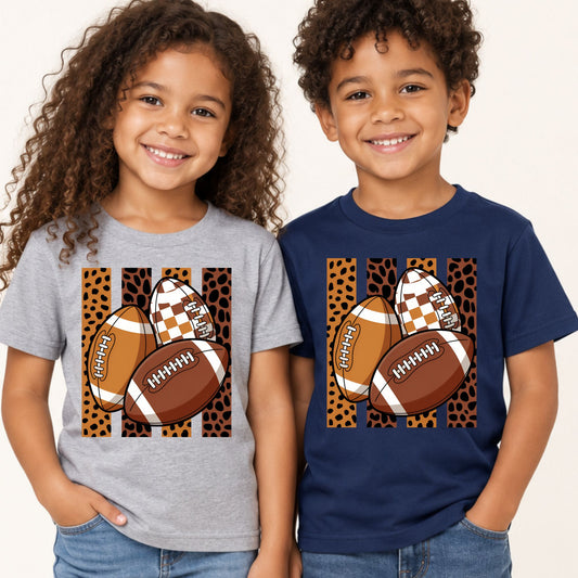 Leopard Football Game Day T-Shirt, Brown Checkered Football Season Tee for Youth