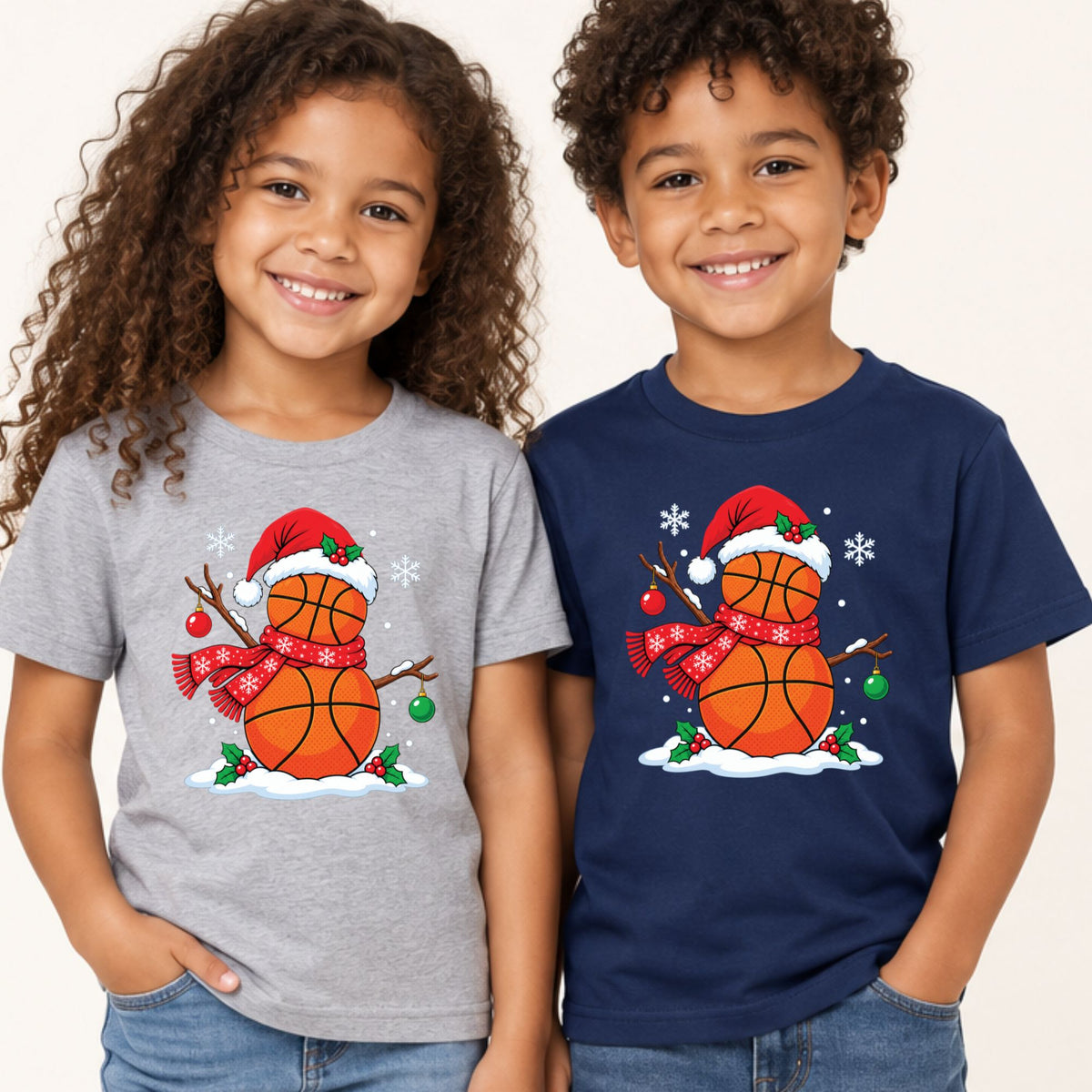 Christmas Basketball Snowman T-Shirt, Santa Hat and Scarf Holiday Sports Graphic Tee
