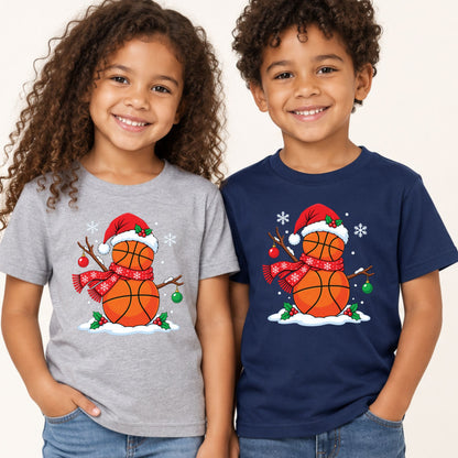 Christmas Basketball Snowman T-Shirt, Santa Hat and Scarf Holiday Sports Graphic Tee