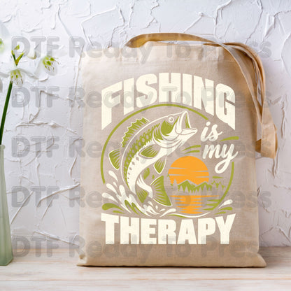 Fishing DTF Transfer, Fishing Is My Therapy, Bass Sunset Outdoors Graphic