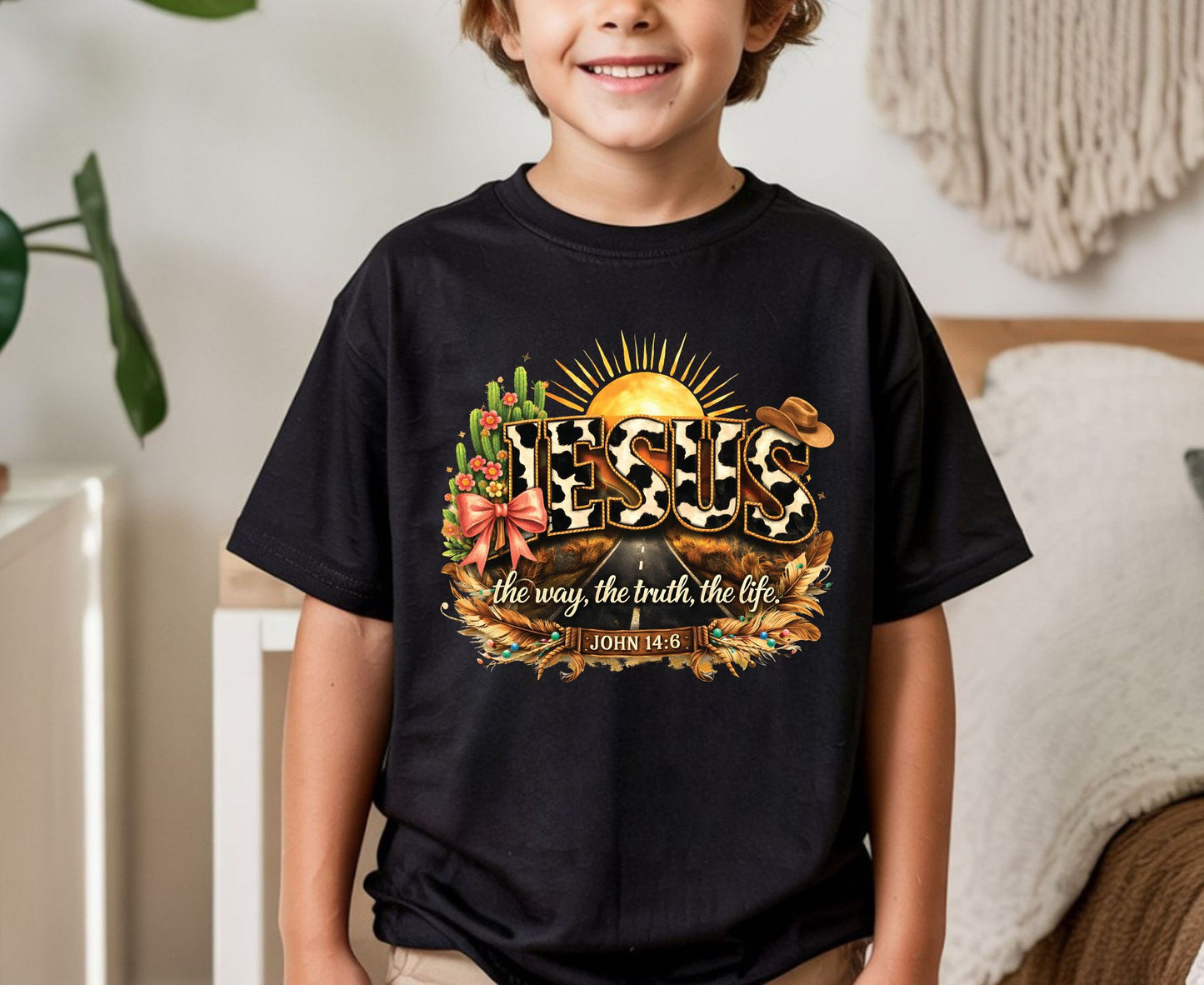 Jesus John 14:6 T Shirt Western Cow Print Tee Christian Way Truth Life Shirt Religious Gift Adult Youth Toddler Baby Boho Cowboy Apparel