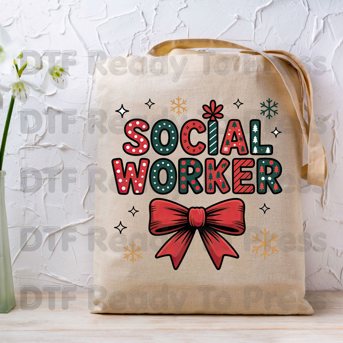 Christmas Social Worker Bow DTF Transfers, Community Snowflake Polka Dot Holiday Ready to Press