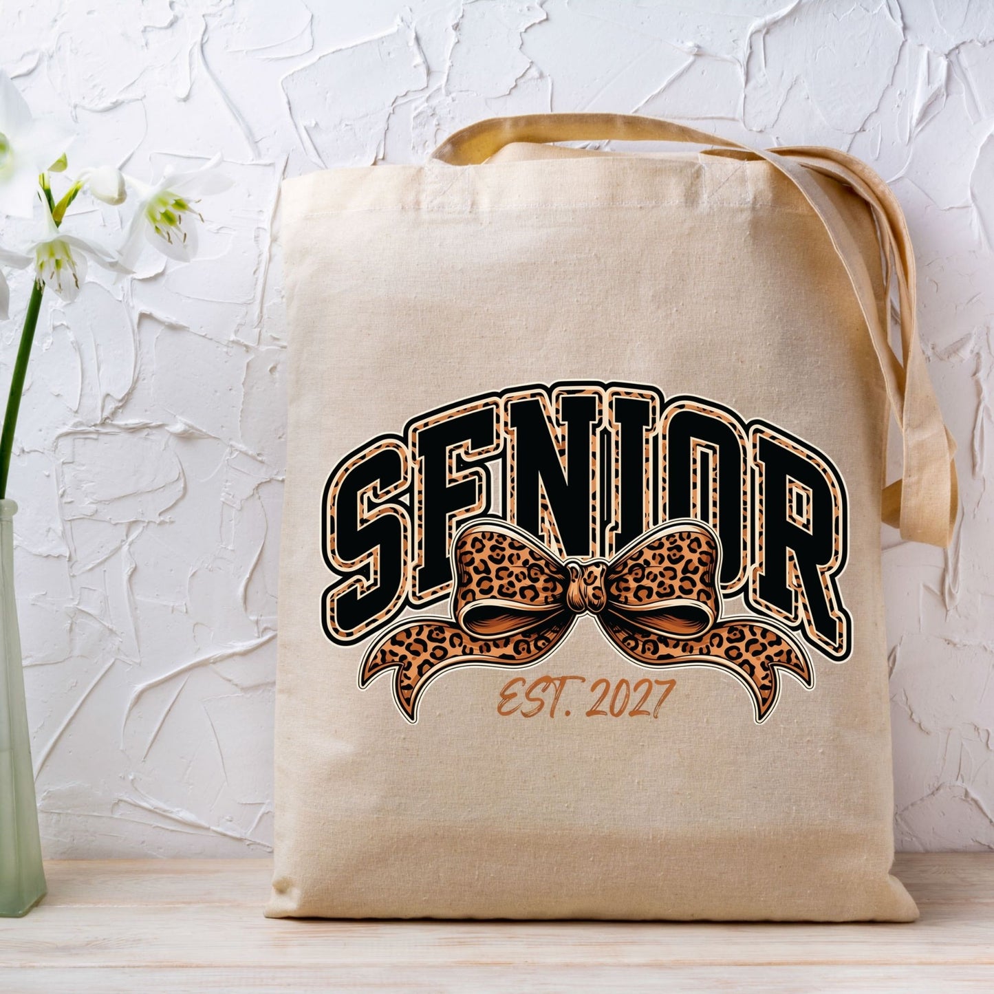 Senior Est 2027 DTF Transfer Ready to Press Graduation Heat Transfer for Shirts Black Orange Leopard Print Bow Varsity Font Tee