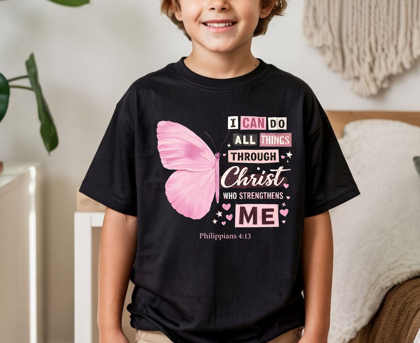 Philippians 4:13 T Shirt Pink Butterfly Tee I Can Do All Things Through Christ Shirt Religious Faith Gift Adult Youth Toddler Baby Church Outfit