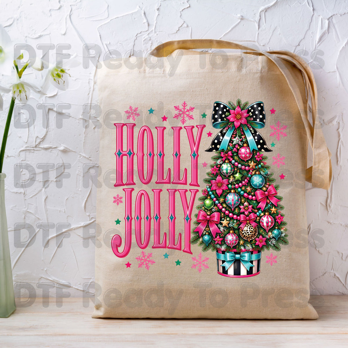 Christmas DTF Transfer, Holly Jolly Pink Christmas Tree, Bow and Snowflakes