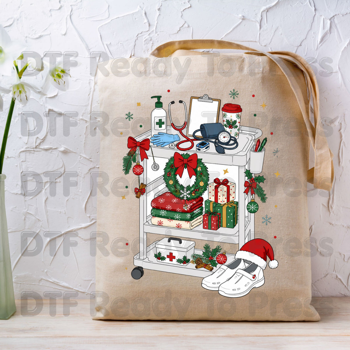 Christmas Nurse Cart DTF Transfers, Holiday Medical Wreath Stethoscope Graphic Ready to Press