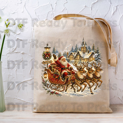 Vintage Santa DTF Transfers, Sleigh Reindeer North Pole Winter Village Christmas Ready to Press