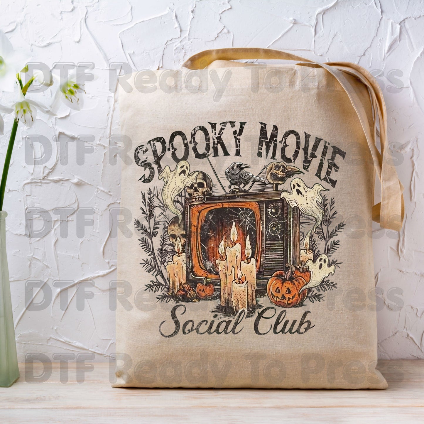 Spooky Movie Social Club DTF Transfers, Vintage Horror TV Ghosts Pumpkin Candles Halloween Ready to Press