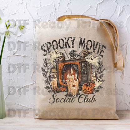 Spooky Movie Social Club DTF Transfers, Vintage Horror TV Ghosts Pumpkin Candles Halloween Ready to Press