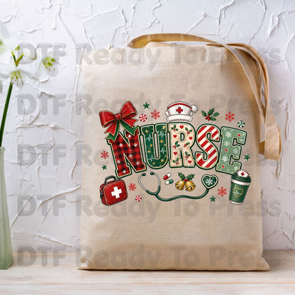 Christmas Nurse DTF Transfers, Medical Nursing Plaid Stethoscope Bow Holiday Ready to Press