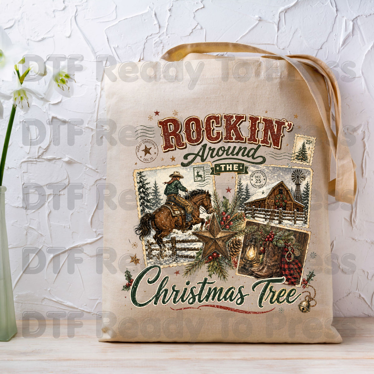Rockin Around Christmas Tree DTF Transfers, Western Cowboy Barn Country Holiday Ready to Press