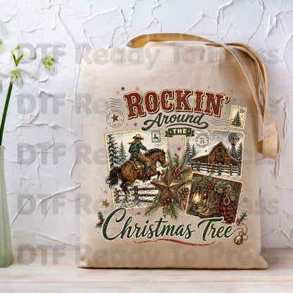 Rockin Around Christmas Tree DTF Transfers, Western Cowboy Barn Country Holiday Ready to Press