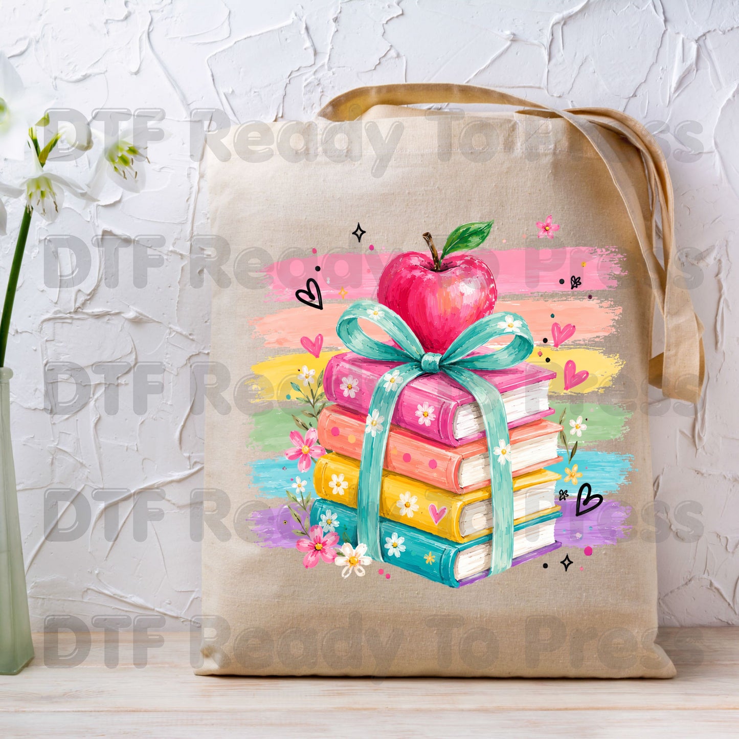 Coquette Stacked Books DTF Transfers, Apple Ribbon Colorful Teacher Brushstrokes Ready to Press