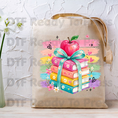 Coquette Stacked Books DTF Transfers, Apple Ribbon Colorful Teacher Brushstrokes Ready to Press