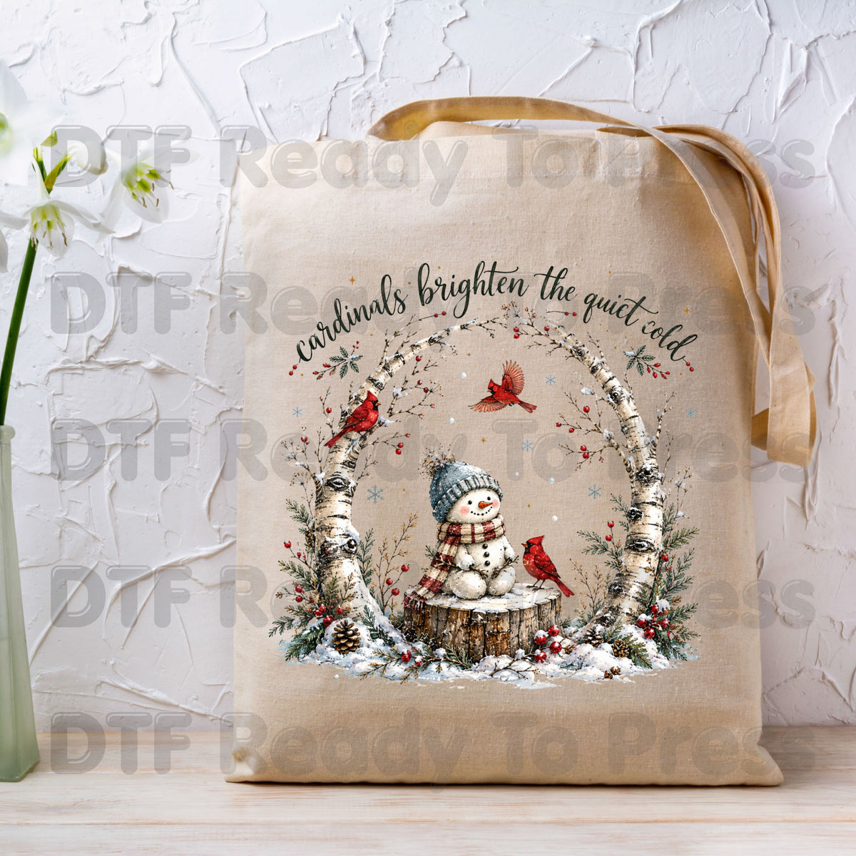 Winter DTF Transfers, Cardinals Snowman Brighten Quiet Cold Christmas Ready to Press