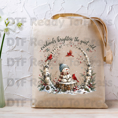 Winter DTF Transfers, Cardinals Snowman Brighten Quiet Cold Christmas Ready to Press