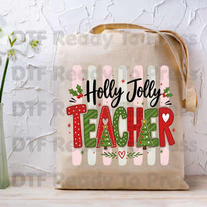 Holly Jolly Teacher DTF Transfers, Christmas School Trees Stripes Plaid Holiday Teacher Ready to Press