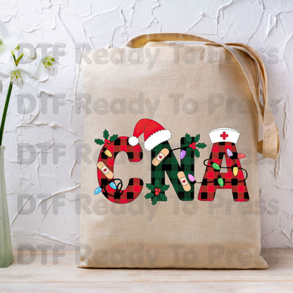 Christmas CNA Buffalo Plaid DTF Transfers, Medical Nursing Lights Bandage Holiday Ready to Press