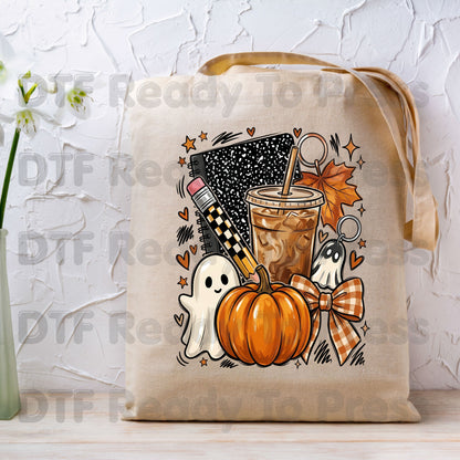 Spooky Teacher DTF Transfer Ready to Press Halloween Fall Heat Transfer For Shirts Iced Coffee Ghost Pumpkin Pencil Composition Notebook