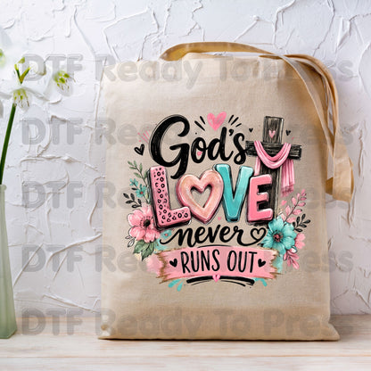 Christian DTF Transfers, God's Love Never Runs Out Floral Cross Religious Inspirational Ready to Press