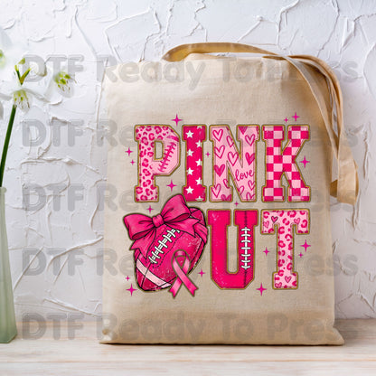 Pink Out DTF Transfers, Breast Cancer Awareness Football Coquette Bow Pink Ready to Press