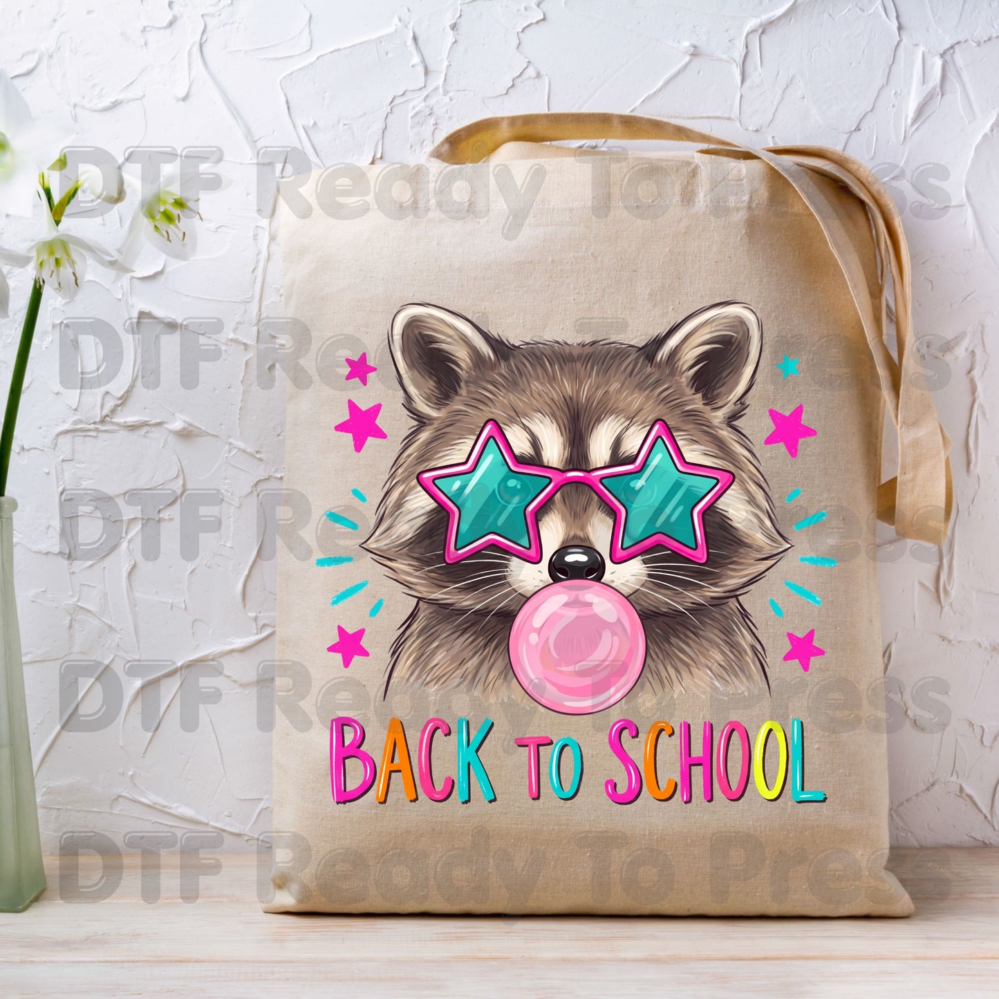 Back to School Raccoon DTF Transfers, Star Sunglasses Bubblegum Trash Panda Ready to Press