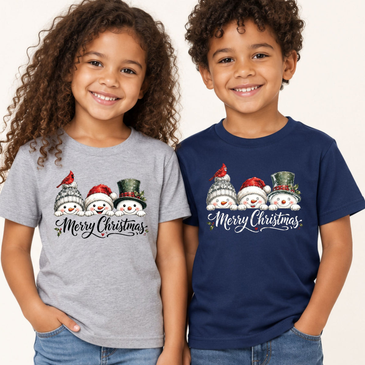 Merry Christmas T-Shirt, Snowmen and Red Cardinals Tee, Winter Holiday Sweatshirt