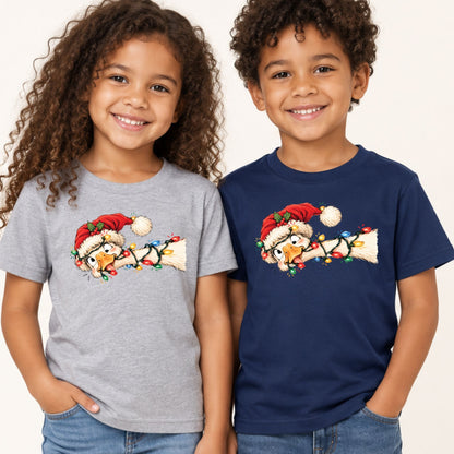 Funny Christmas Goose T-Shirt, Tangled Holiday Lights and Santa Hat Graphic Tee