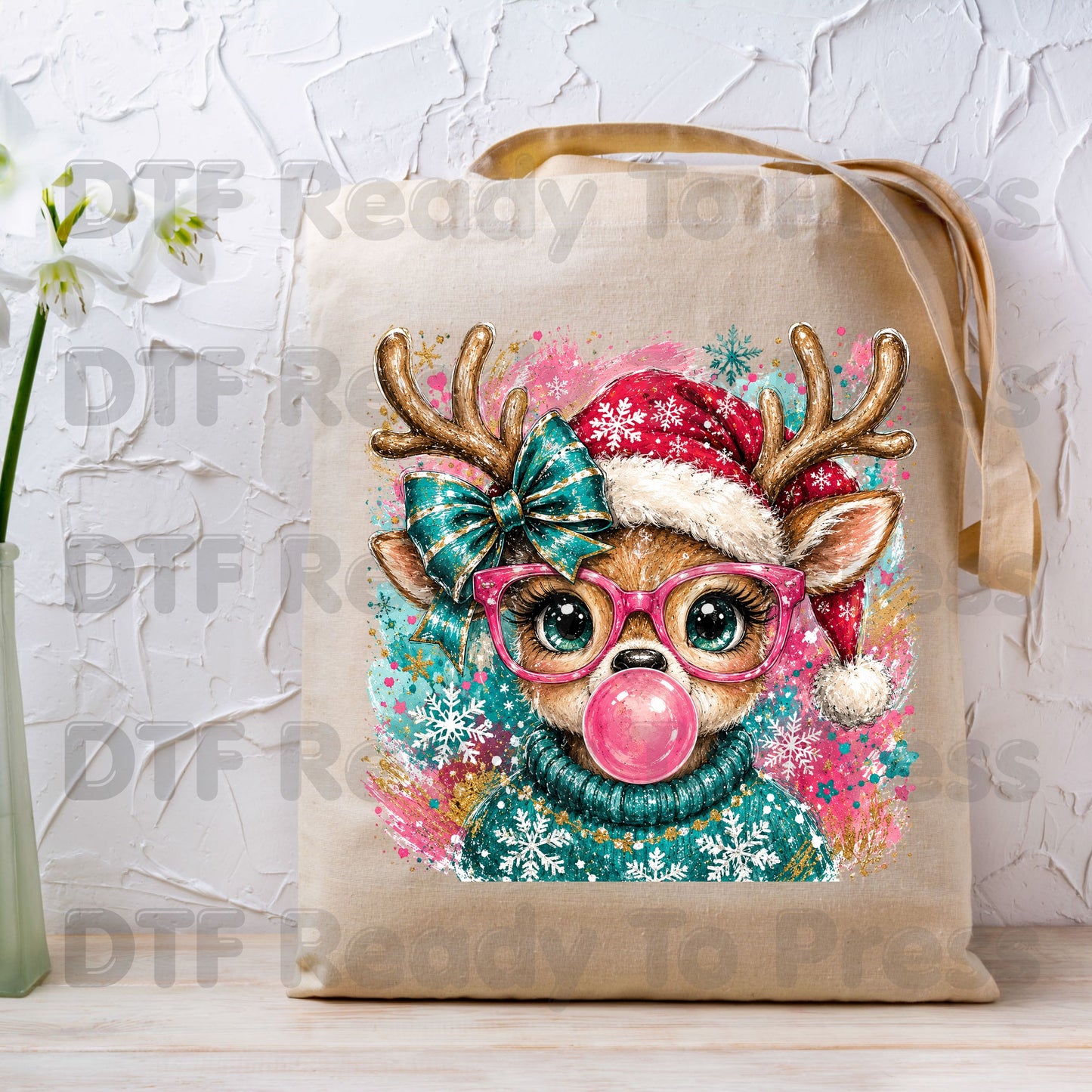 Christmas Reindeer DTF Transfers, Pink Glasses Bubblegum Deer Santa Hat Cute Ready to Press