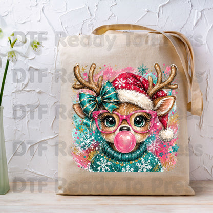 Christmas Reindeer DTF Transfers, Pink Glasses Bubblegum Deer Santa Hat Cute Ready to Press