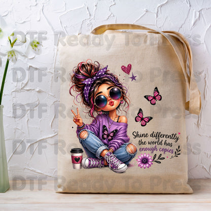 Shine Differently DTF Transfers, Purple Messy Bun Girl Butterfly Coffee Quote Ready to Press