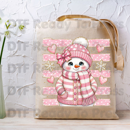 Cute Pink Snowgirl DTF Transfers, Winter Snowman Beanie Bow Pink Stripes Hearts Ready to Press