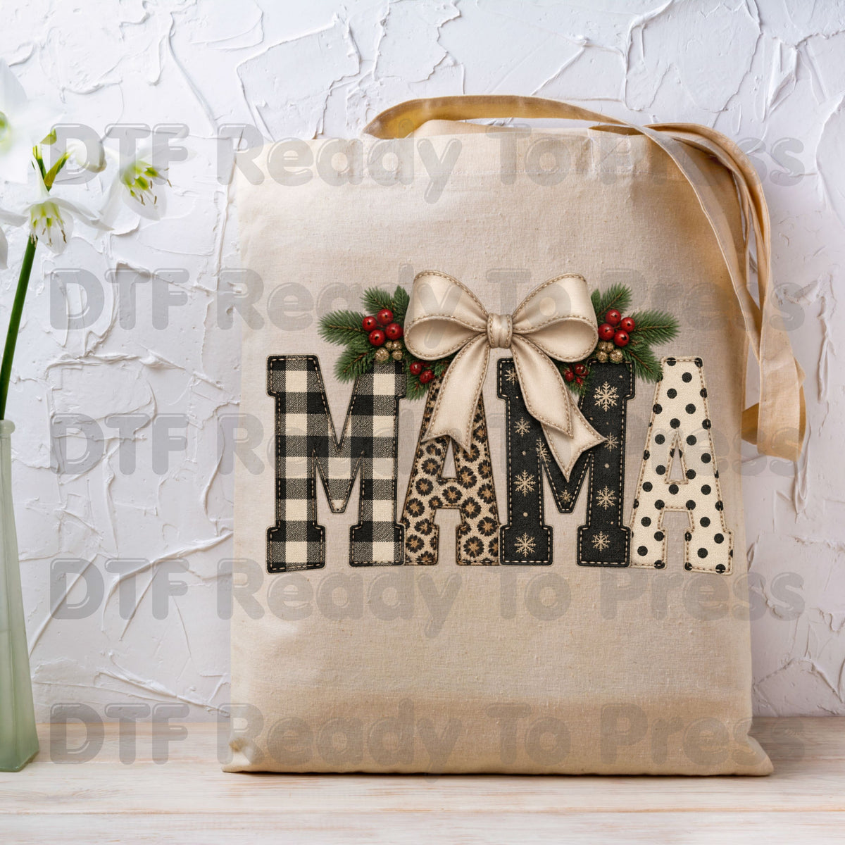 Christmas Mama DTF Transfers, Coquette Bow Buffalo Plaid Leopard Polka Dot Holiday Ready to Press