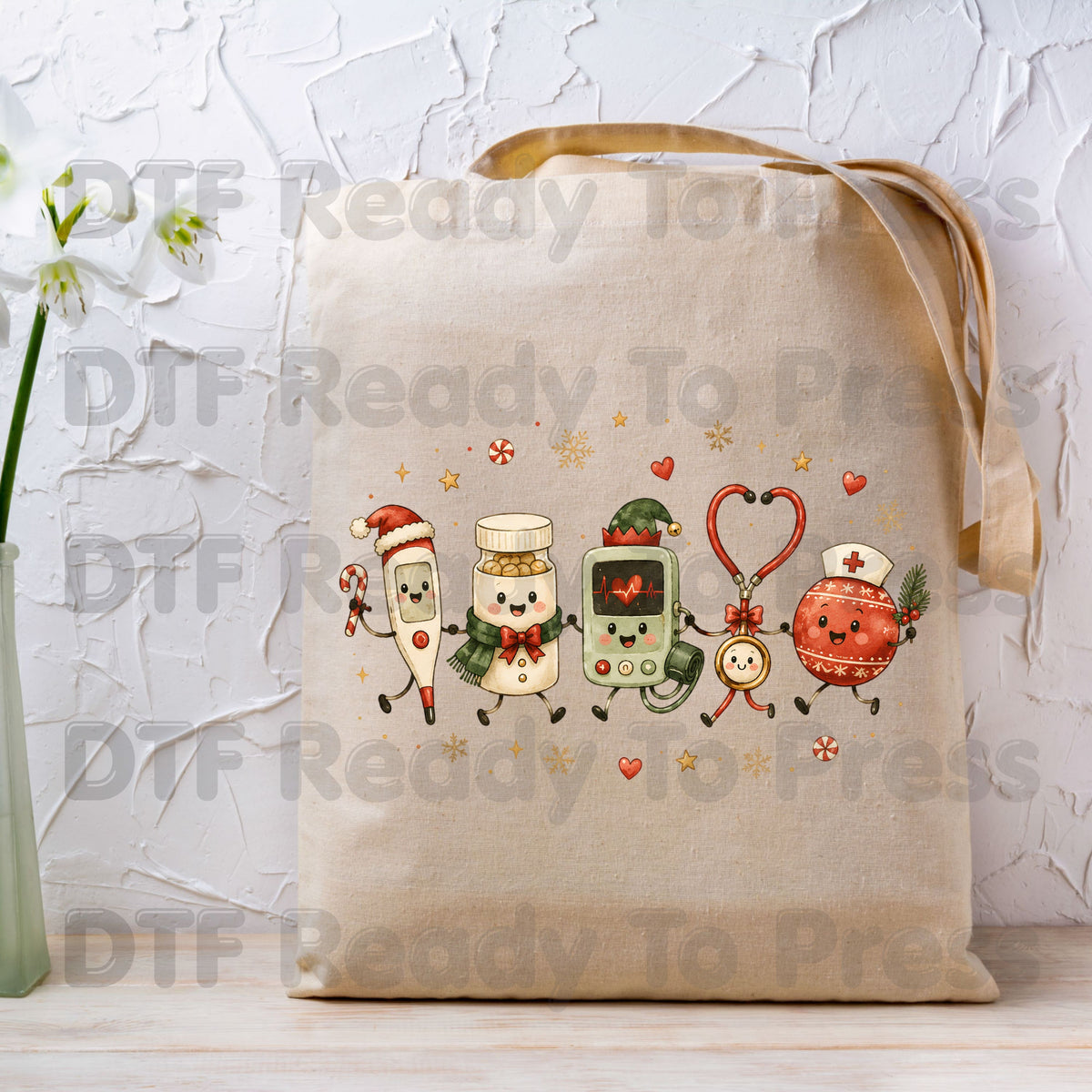 Christmas Cute Nurse Tools DTF Transfers, Medical Stethoscope Ornament Holiday Ready to Press