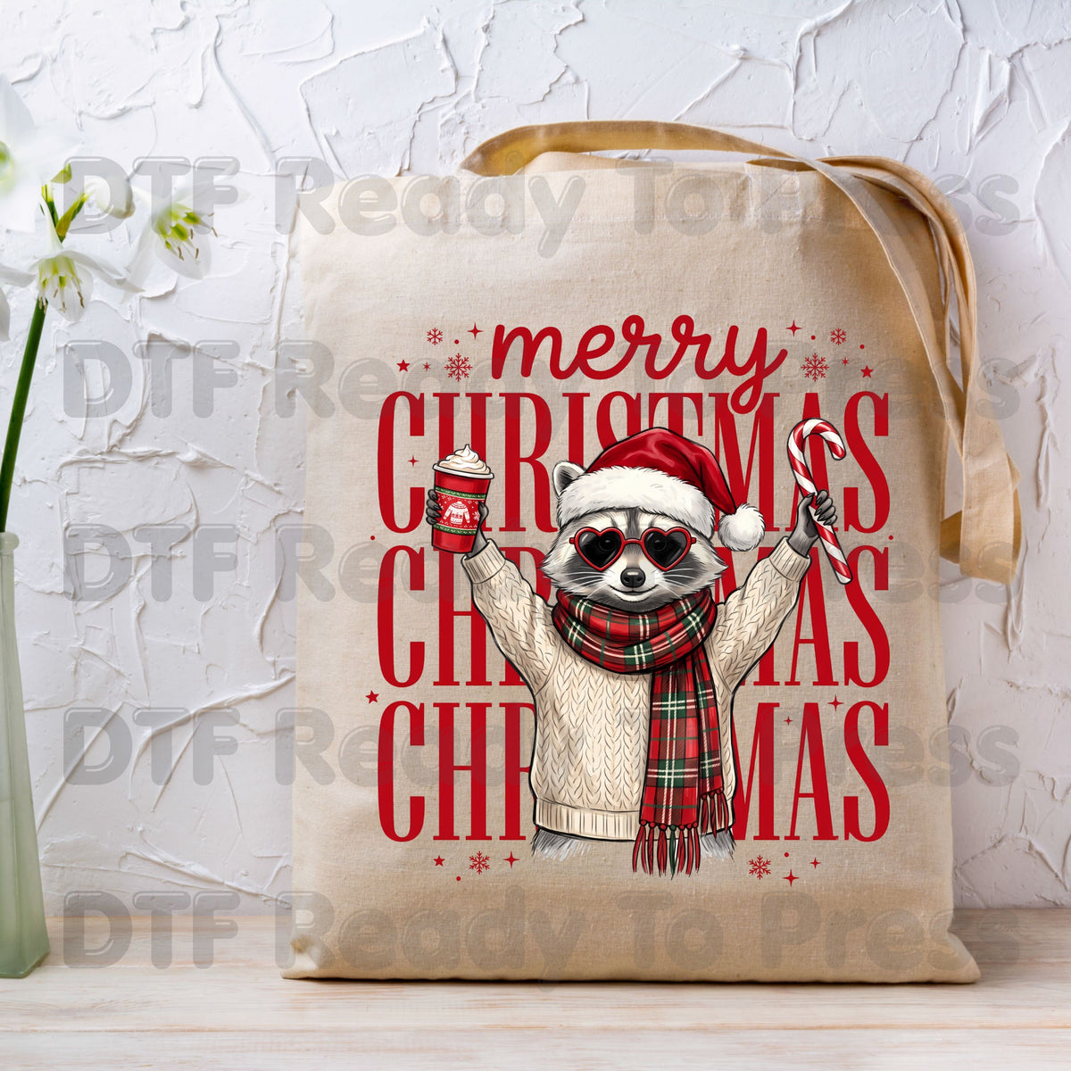 Merry Christmas Raccoon DTF Transfers, Coffee Candy Cane Festive Holiday Ready to Press