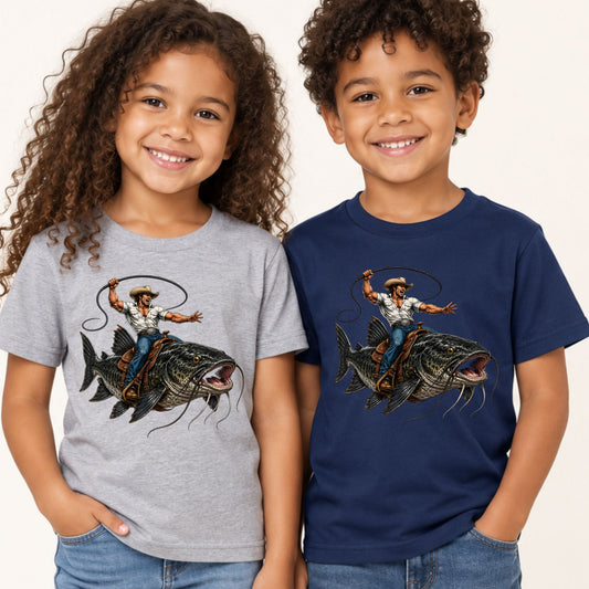 Cowboy Riding Catfish T-Shirt, Funny Fishing Rodeo Southern Graphic Tee for Toddler and Kids