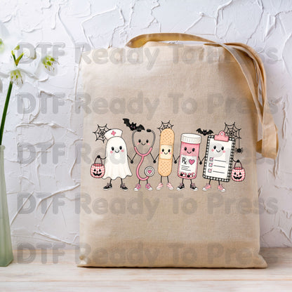 Pink Spooky Nurse Squad DTF Transfers, Halloween Ghost Stethoscope Medical Bandage Ready to Press