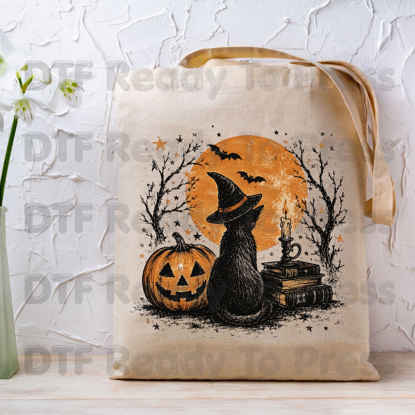 Halloween Black Cat DTF Transfers, Witch Hat Full Moon Pumpkin Spooky Vintage Books Magic Ready to Press