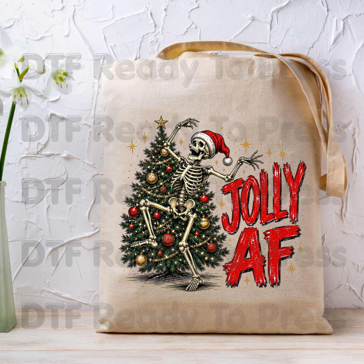 Jolly AF Skeleton DTF Transfers, Santa Hat Christmas Tree Funny Holiday Ready to Press